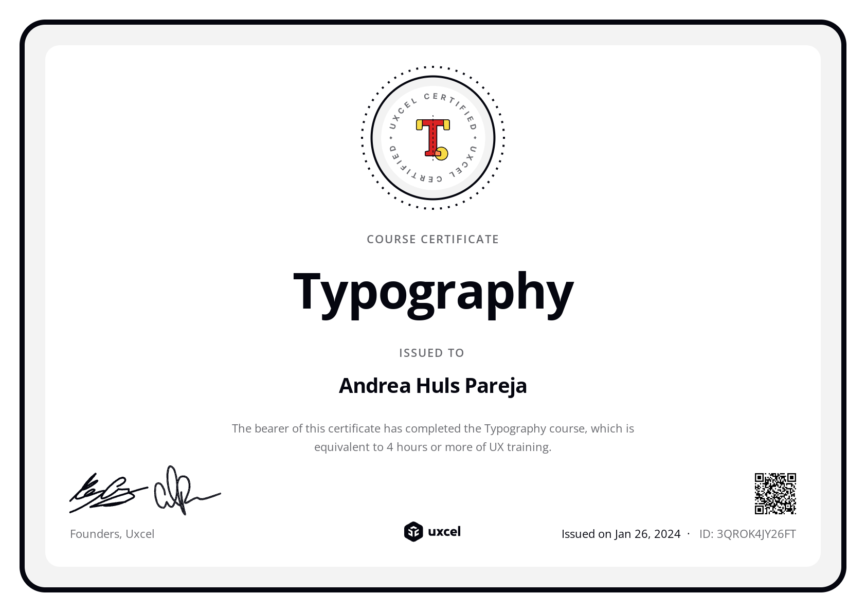 Andrea Huls Pareja's certificate